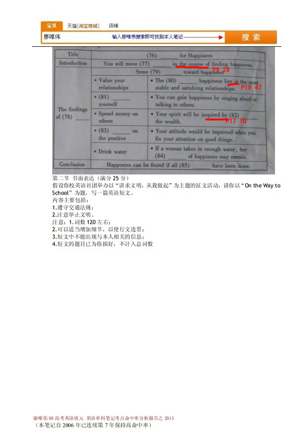廖唯伟高考英语状元笔记2013年安徽卷高考英语真题考点命中率分析报告 09