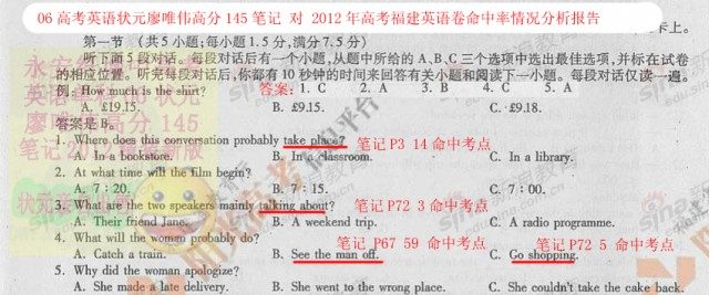 廖唯伟高考英语状元笔记2012年福建卷高考英语真题考点命中率分析报告 01