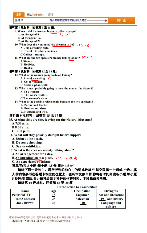 廖唯伟高考英语学霸笔记2013年重庆卷英语高考真题考点命中率分析报告 02