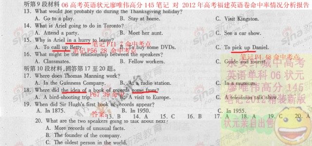 廖唯伟高考英语学霸笔记2012年福建卷高考英语真题考点命中率分析报告 03