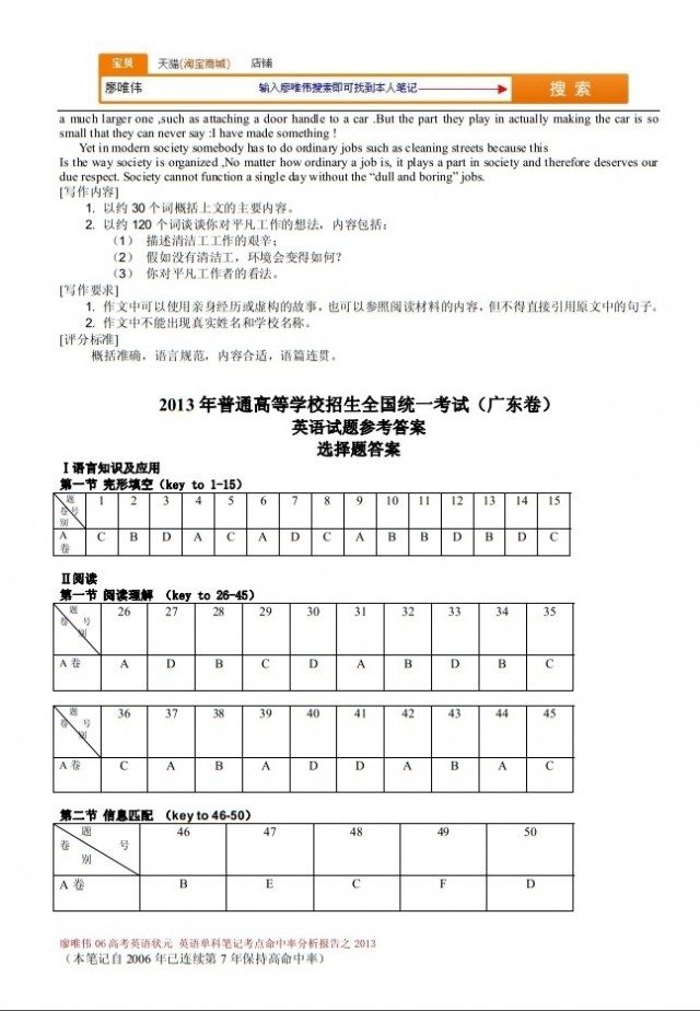 廖唯伟高考英语状元笔记2013年广东卷高考英语真题考点命中率分析报告 13
