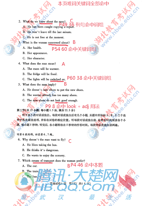 廖唯伟高考英语学霸笔记2010年湖北卷高考英语真题考点命中率分析报告 02