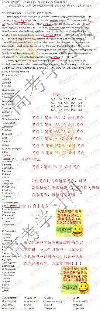 廖唯伟高考英语学霸笔记2012年全国新课标卷高考英语真题考点命中率分析报告 07